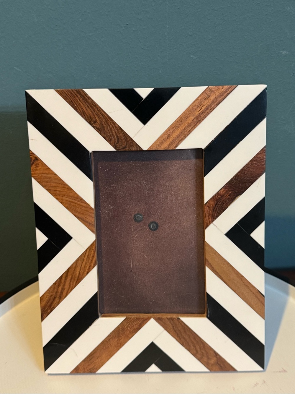 Geometric Inlay Wood Photo Frame in Black, White & Brown by Tozai Home 4”x6” pic
